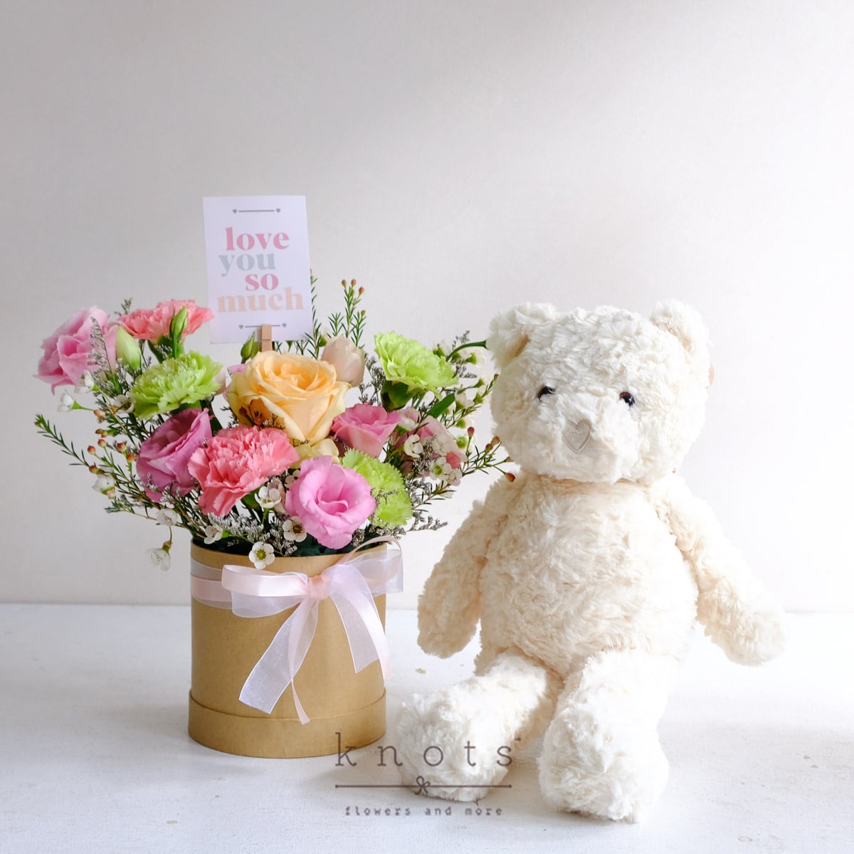 Pastel Promises (Peach Rose Arrangement with Cuddly)
