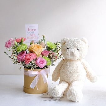 Pastel Promises (Peach Rose Arrangement with Cuddly)