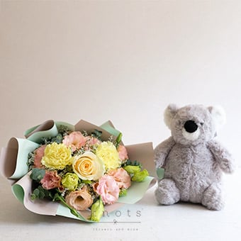 My Cuddlebug (Peach Rose Bouquet and Bear)