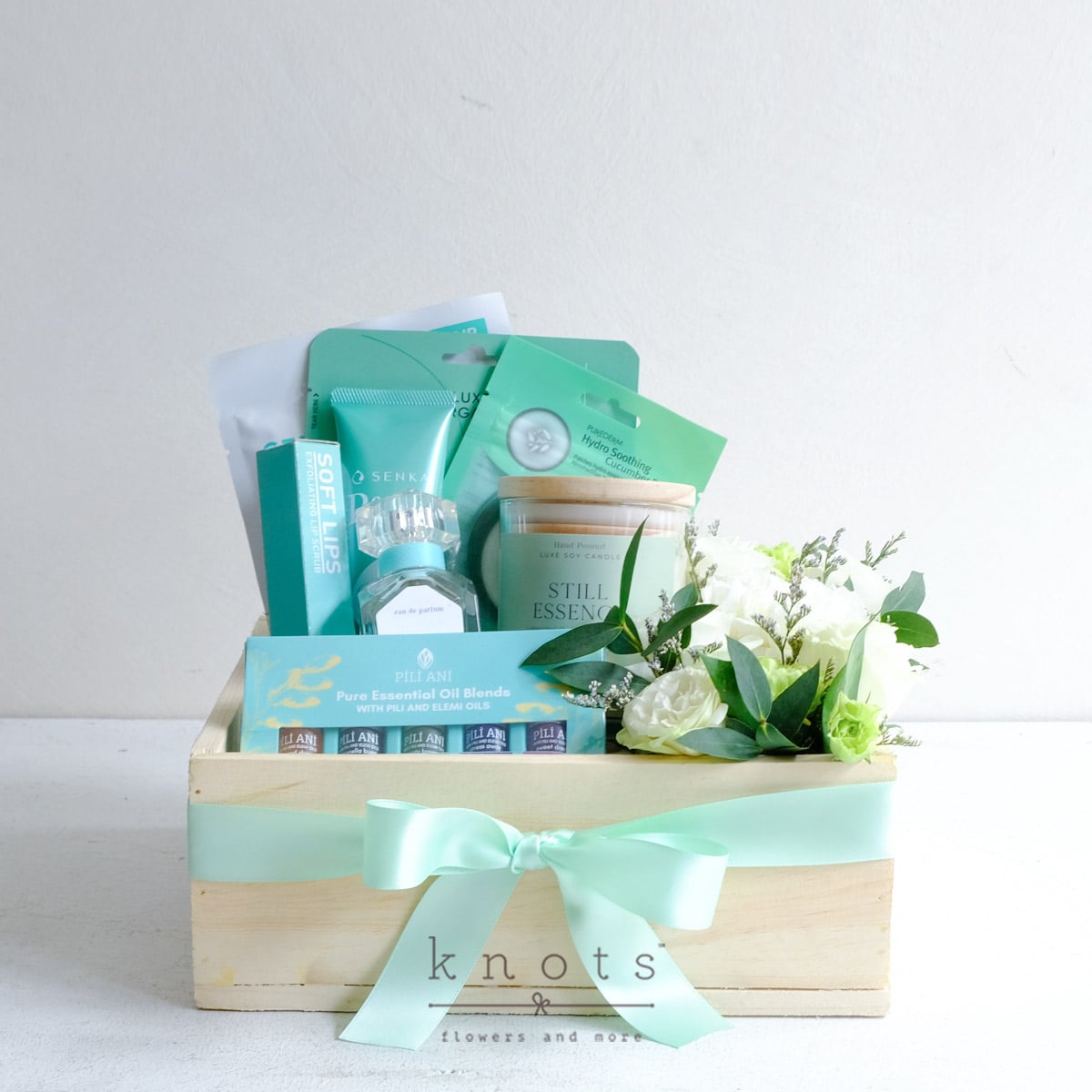 Mint Tranquility (Carnations Arrangement with Gifts)