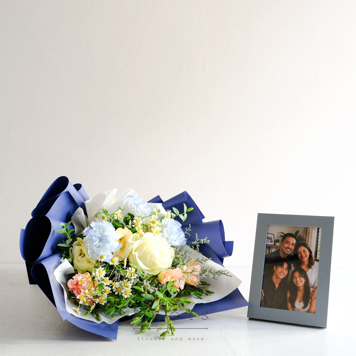 Azure Reflections (White rose Bouquet and  Photo Frame)