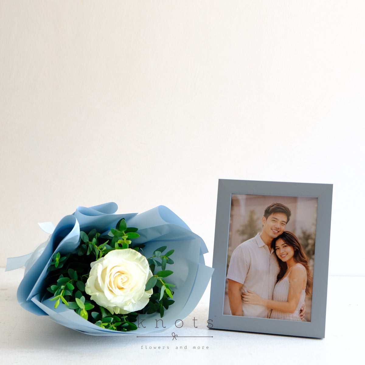 Story of Us (White Ecuadorian Rose Bouquet and Photo Frame)