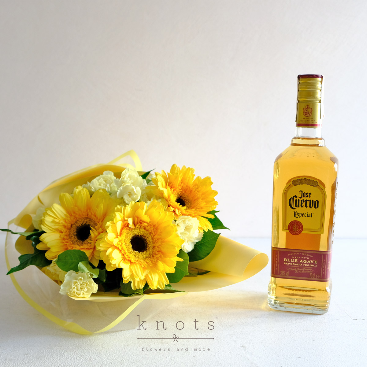 Golden Cheers (Yellow Gerbera Bouquet and Liquor)