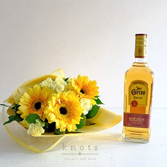 Golden Cheers (Yellow Gerbera Bouquet and Liquor)
