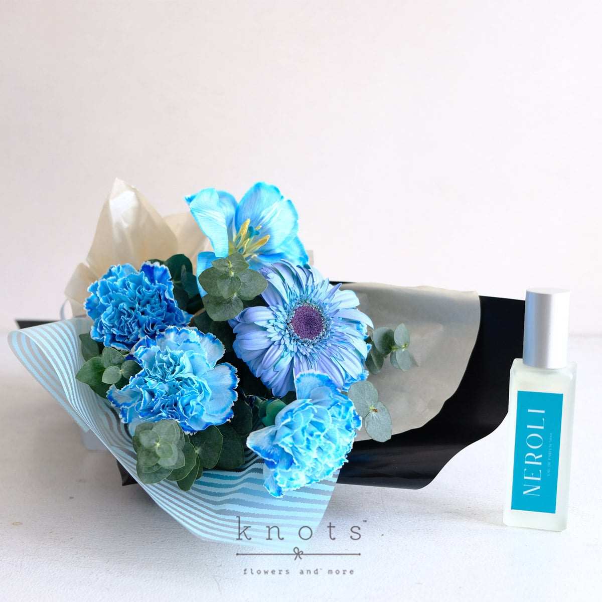 Aegean Breeze (Blue Dyed Tulip and Carnations Bouquet with Perfume)