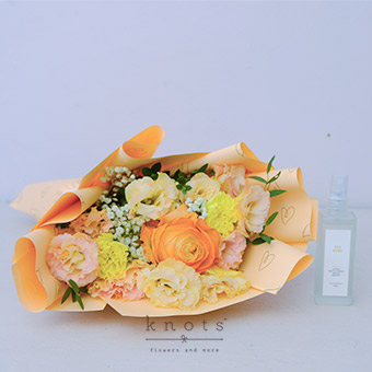 Tangerine Dreams (Orange Sprayed Roses and Yellow Gerbera Bouquet with Perfume)