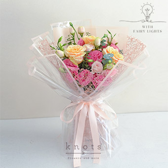 Shines from Within (Peach Pink Ecuadorian Roses Bouquet w/ Fairy Lights)