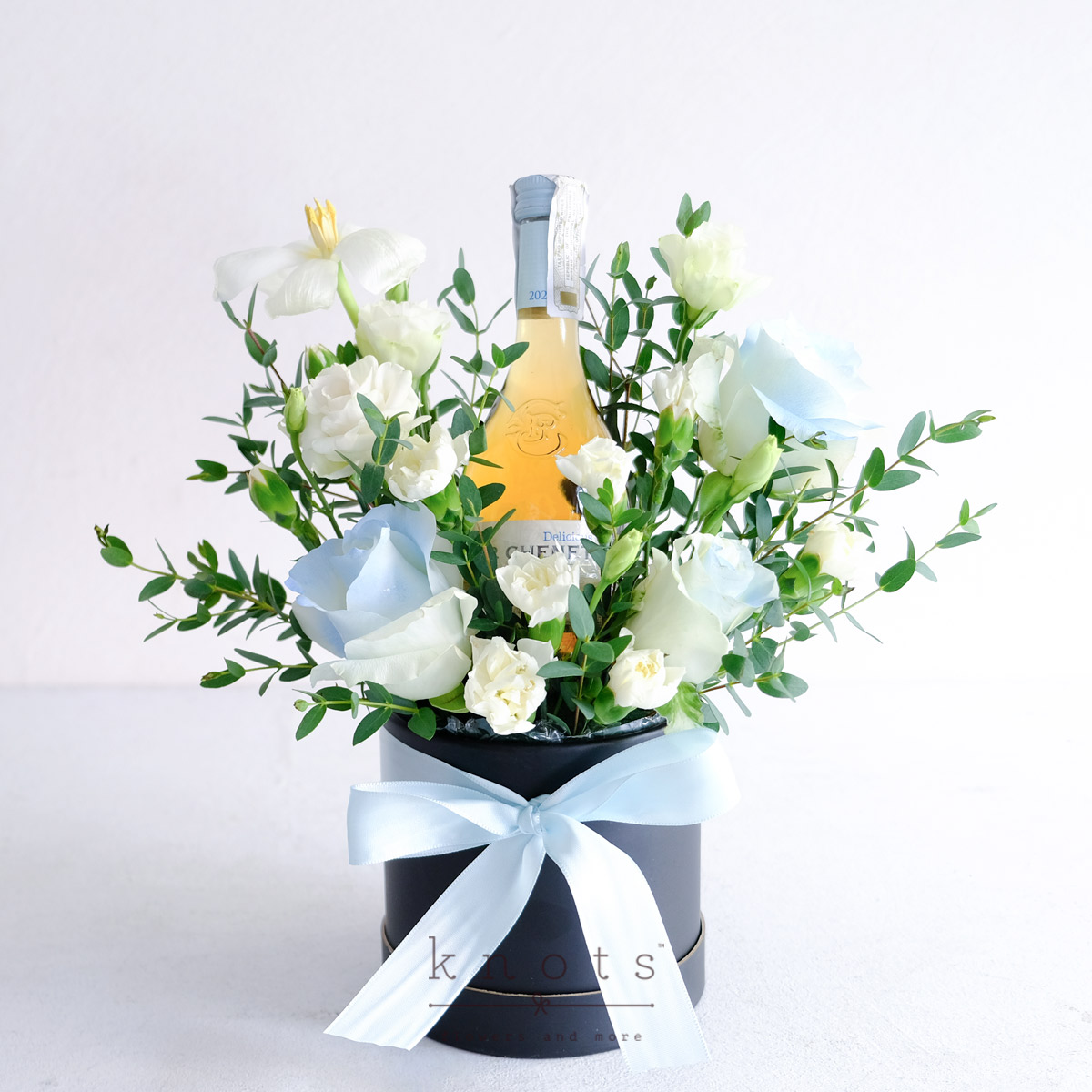 Sip & Bloom (Roses and Tulip Arrangement with Wine)