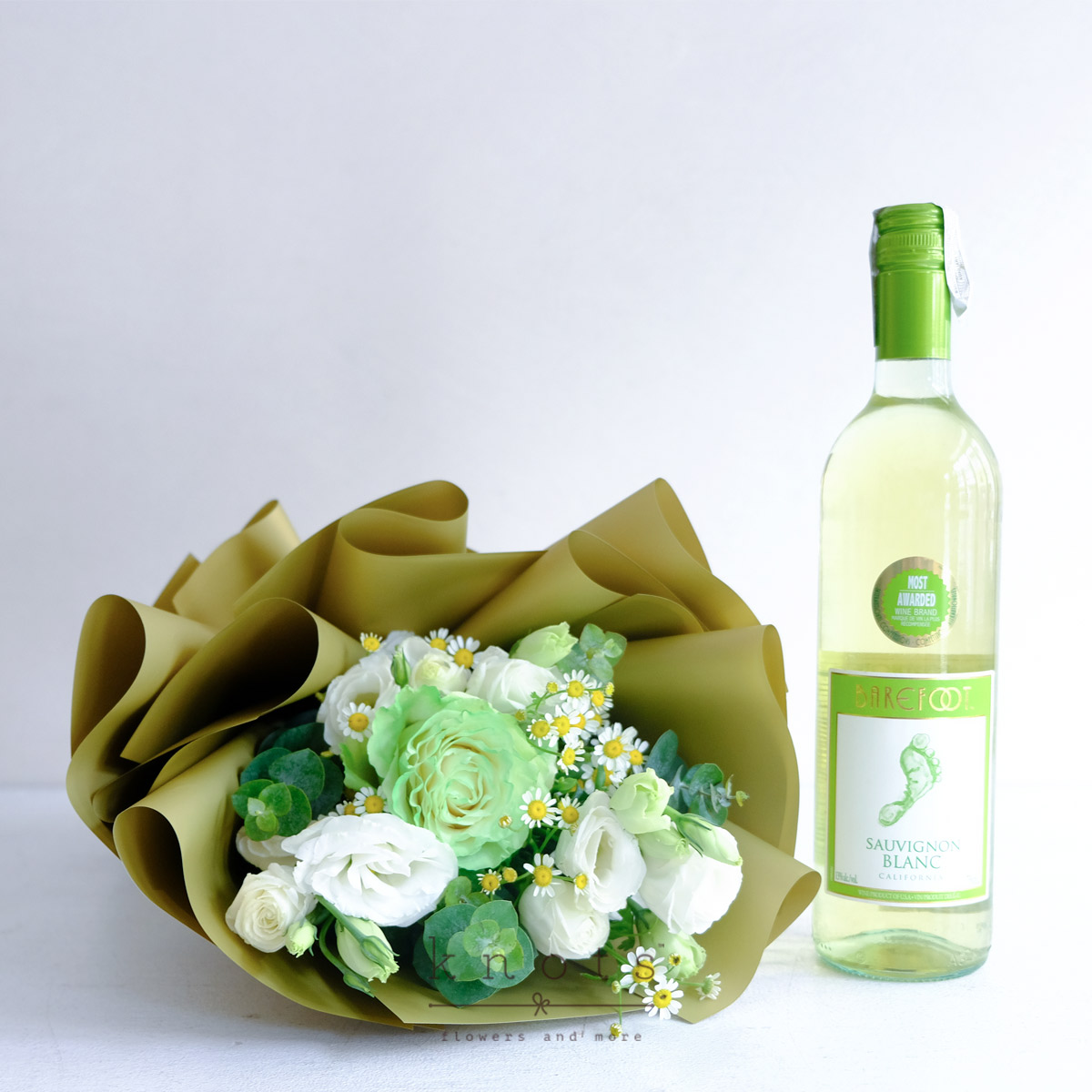 Willow and Wine (Green Sprayed White Ecuadorian Rose Bouquet with Wine)