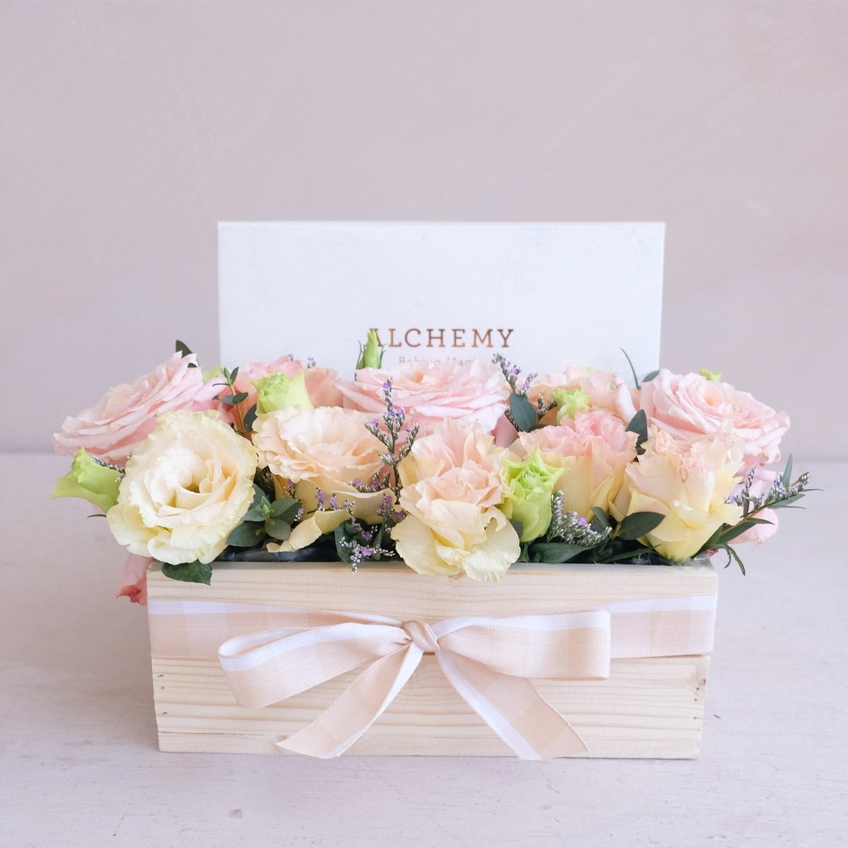 Peach Bloom (Roses Arrangement with Macarons)