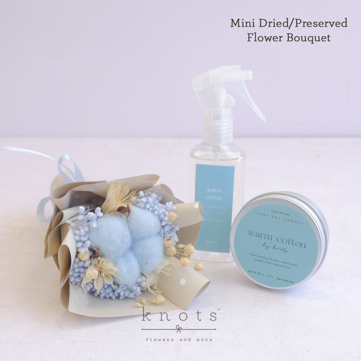 Scented Cloud (Mini Dried Bouquet with Linen Spray and Candle)