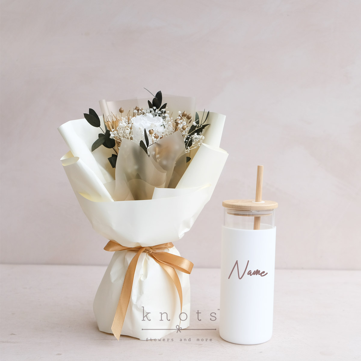 Heavenly Vessel (Preserved Rose Flower Bouquet w/ Personalized Tumbler)
