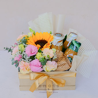 Enlivening Bunches (Sunflower Boxed Arrangement & Coffee)