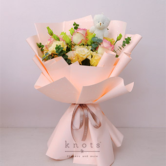 Enchanting Giggles (Pink Roses Bouquet with Mini Bear)