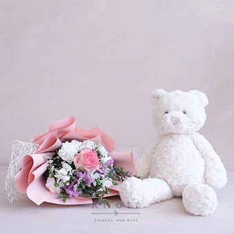 Pink Hugs (Rose Bouquet and Cuddly)