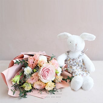 Snuggle Buddy (Pink Ecuadorian Rose Bouquet and Bunny Cuddly)