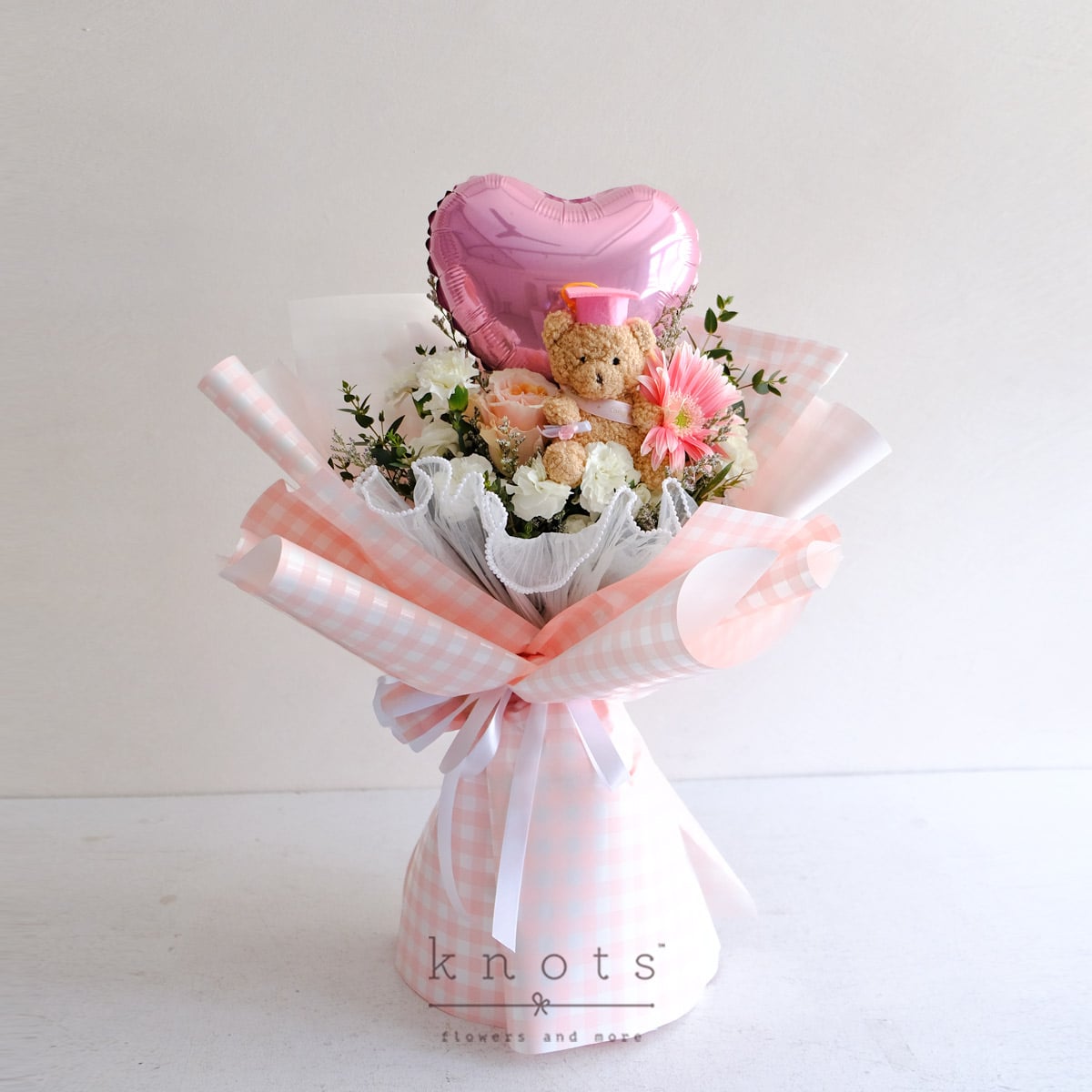 Proud Hearts (Peach Ecuadorian Rose Bouquet with Balloon and Bear)