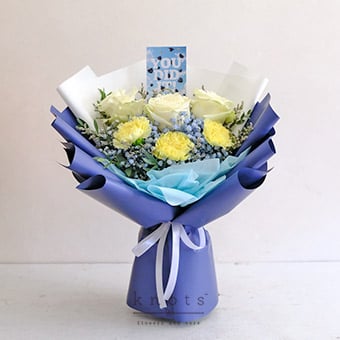 Milestone Blue (White Ecuadorian Roses Graduation Bouquet)