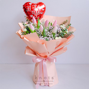 My Sweetest Love (Pink & Fuchsia Tulips w/ Balloon)