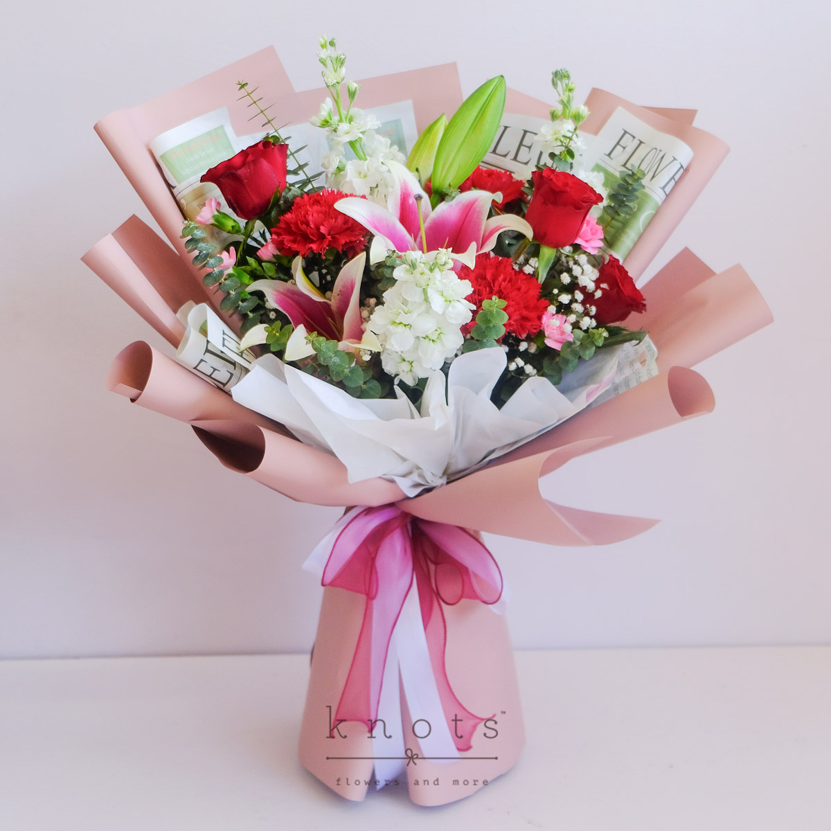Eternal Flame (Red Rose, Red Carnation, and Pink Lily Bouquet)