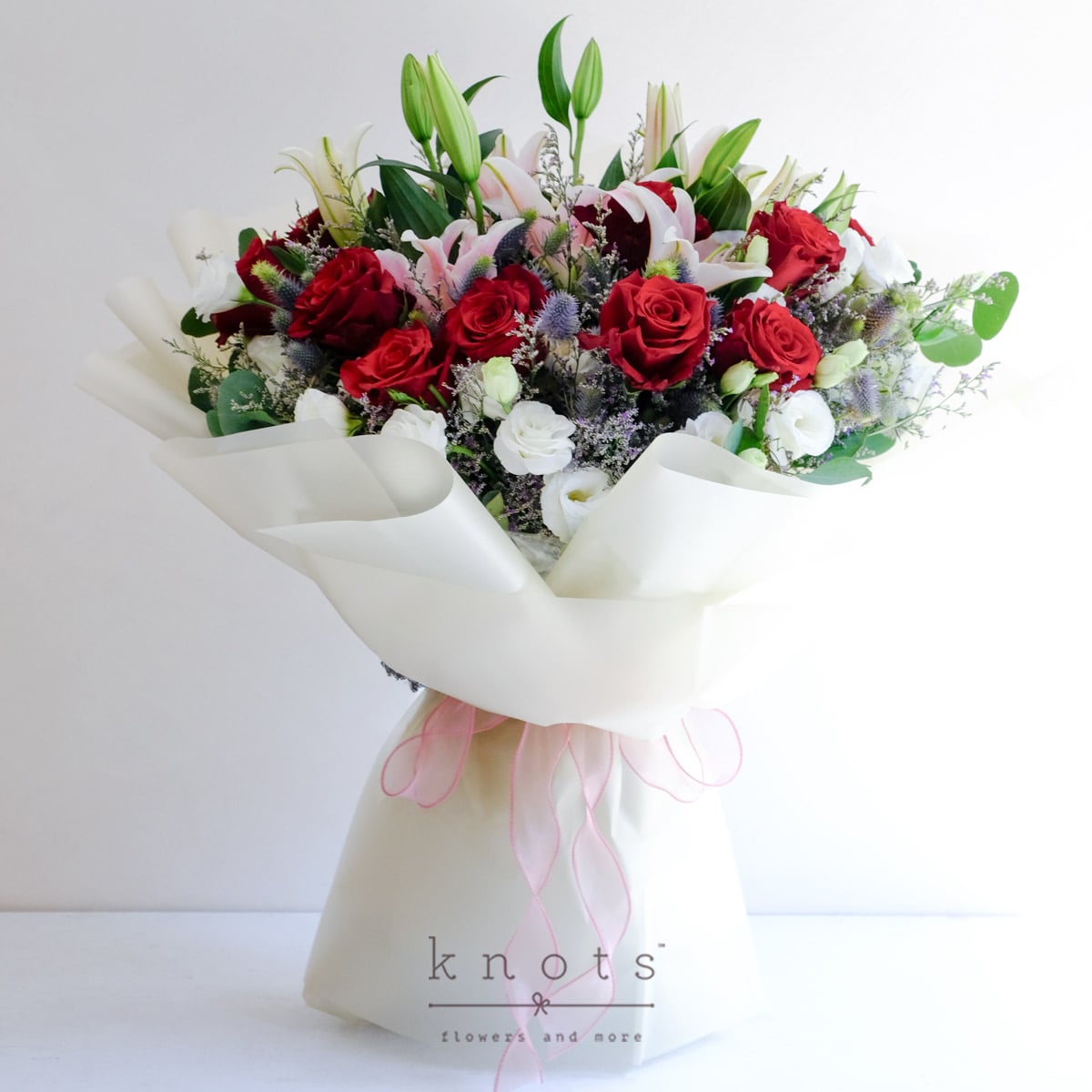 Darling Dearest (Pink Lilies, Red Ecuadorian Roses Bouquet)