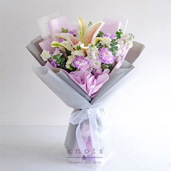Moonlight Blooms (Pink Lily and Purple Carnations Bouquet)