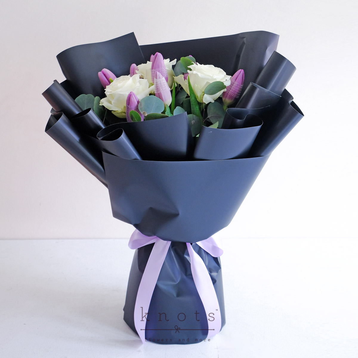 Fairest One (Purple Tulips and White Roses Bouquet)