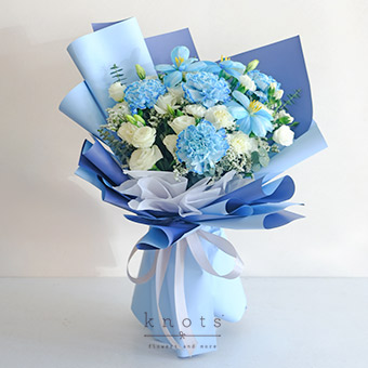 Celeste (Ice Blue Dyed White Tulips and White Carnation Bouquet)