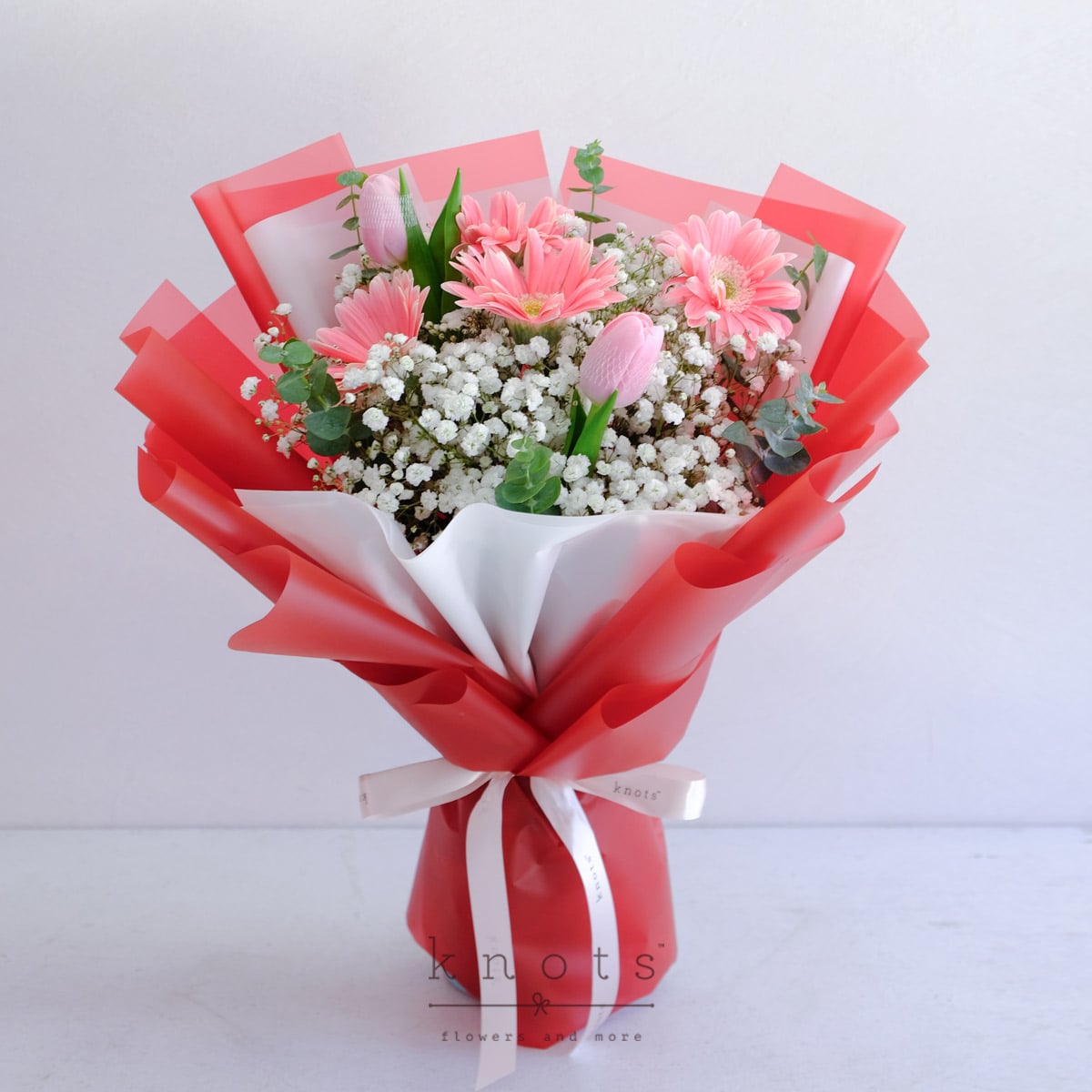 Crimson Kisses (Pink Gerbera and Tulips Bouquet)