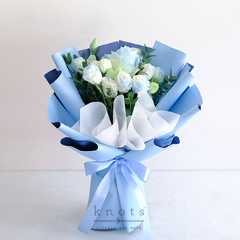 Serene Sky (White Rose and Blue Accent Bouquet)