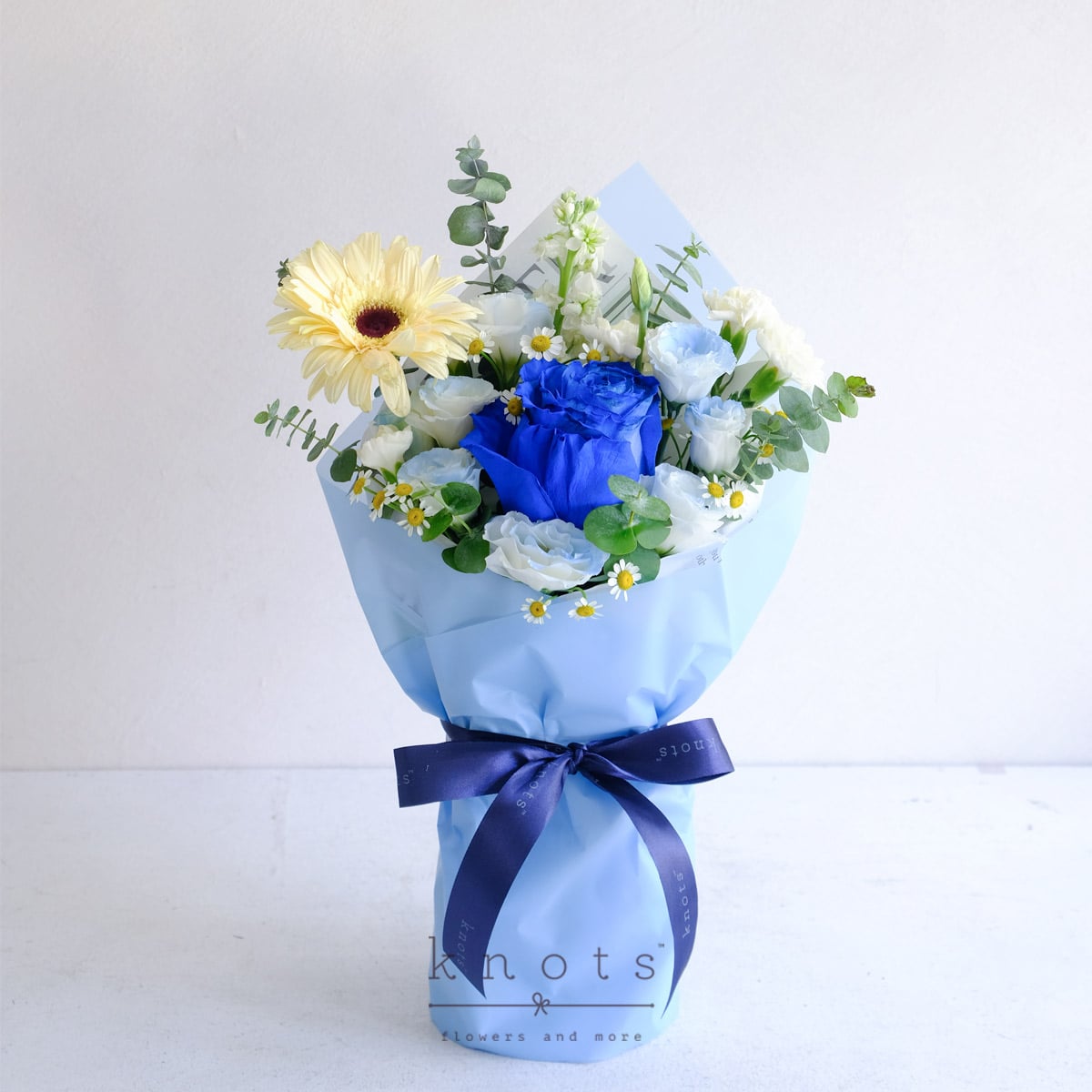 Serene Swirl (Blue Ecuadorian Rose and White Gerbera Bouquet Arrangement)