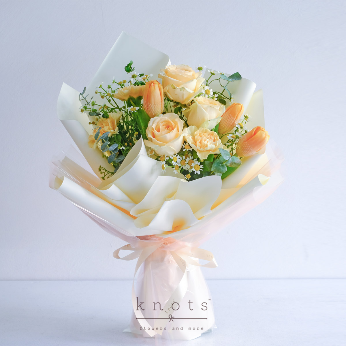 Dreamy Peach (Peach Roses and Orange Tulips Bouquet)