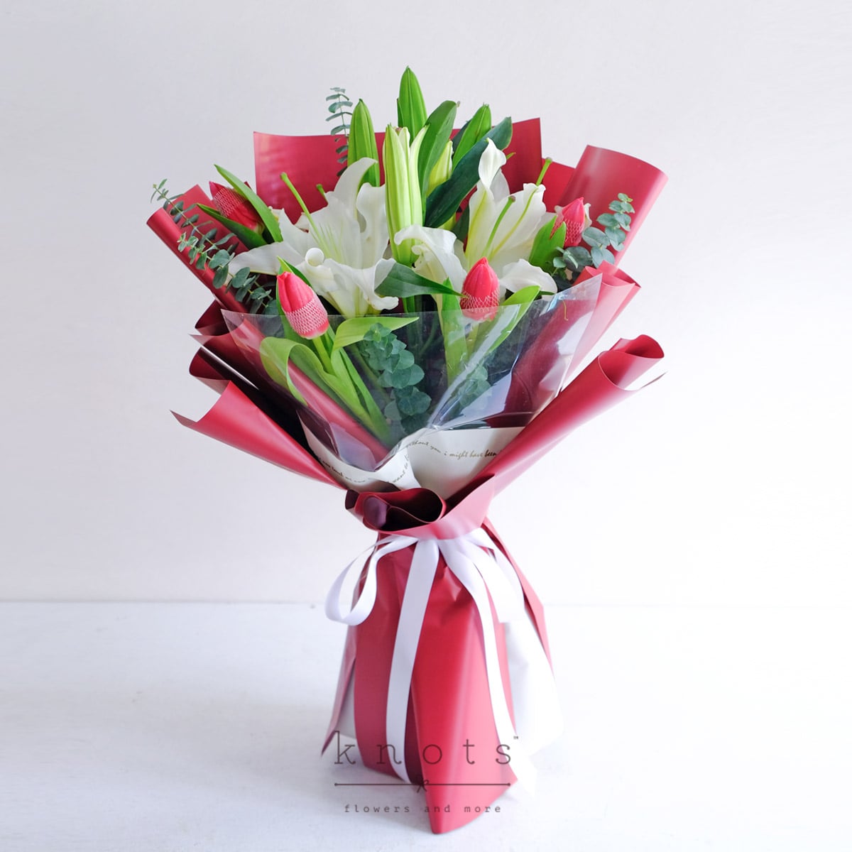 Ruby (White Lily and Red Tulips Bouquet)