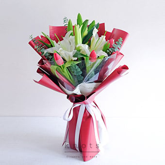 Ruby (White Lily and Red Tulips Bouquet)