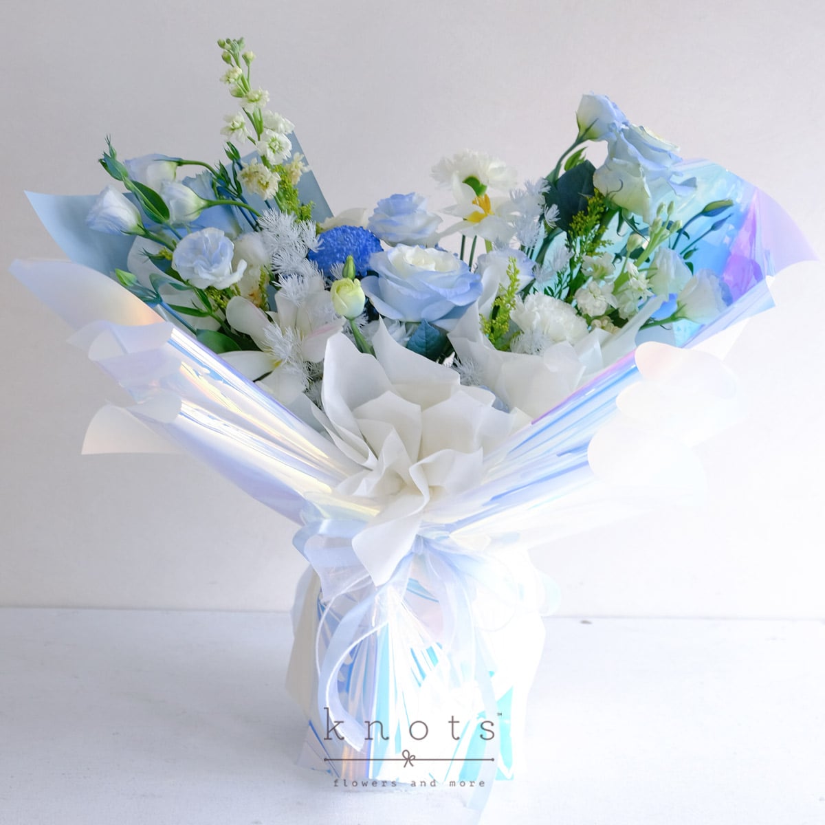 Blue Sprayed Roses Opalite (Blue Sprayed White Roses and White Tulips Bouquet) | Knots.ph