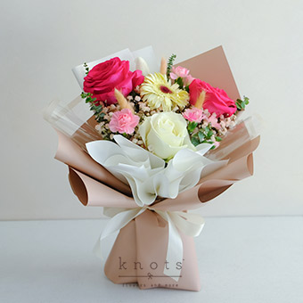 Rosy Blooms (Fuchsia Roses, White Gerbera and Tulip Bouquet)