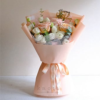 Birthday Kisses (Peach Pink Ecuadorian Roses Birthday Bouquet)