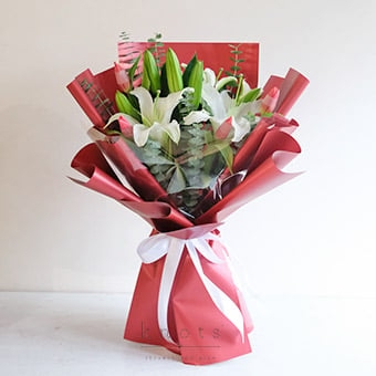 Ruby (White Lily and Red Tulips Bouquet)