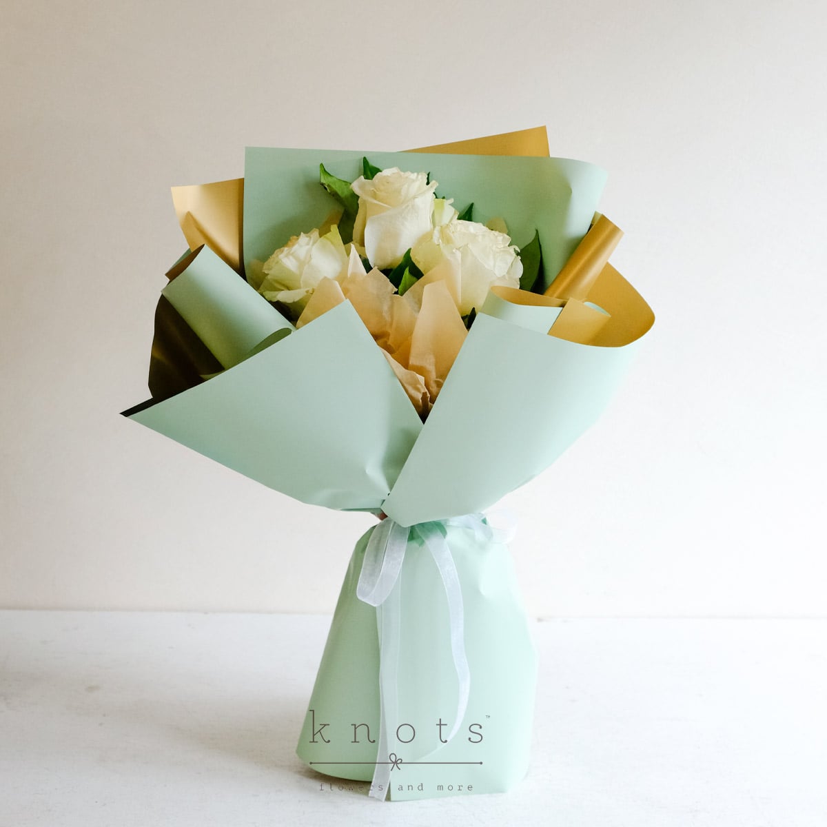Minted Elegance (3 White Ecuadorian Roses Bouquet)