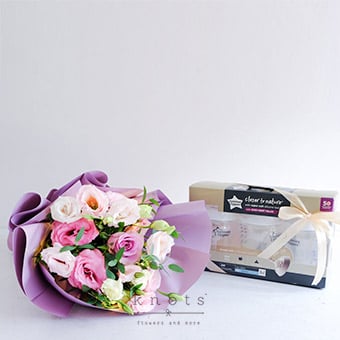 Warm Welcome (Purple Rose Bouquet with Fairy Lights & Newborn Gift)