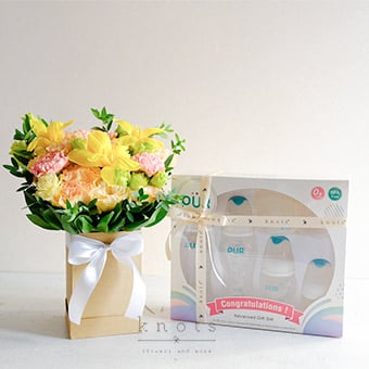 Sunlit Arrival (Tulips Arrangement and Newborn Gift)