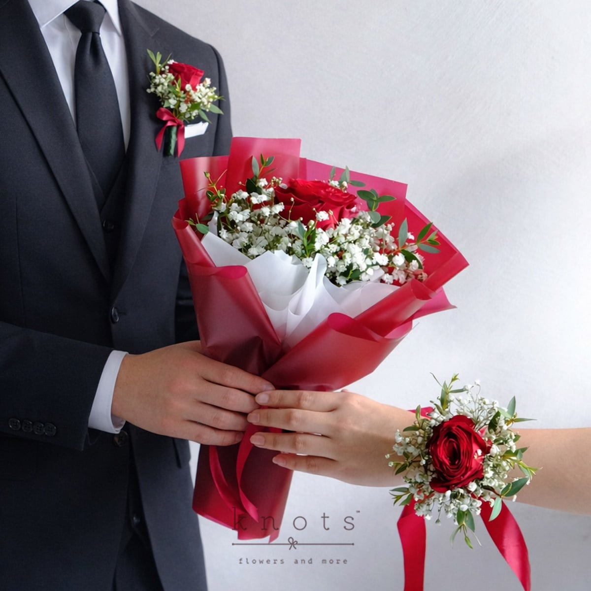 Ruby Romance Trio (Red Rose Corsage, Boutonniere, and Bouquet Bundle)