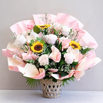 Pauline (Sunflower & Pink Ecuadorian Roses Arrangement)