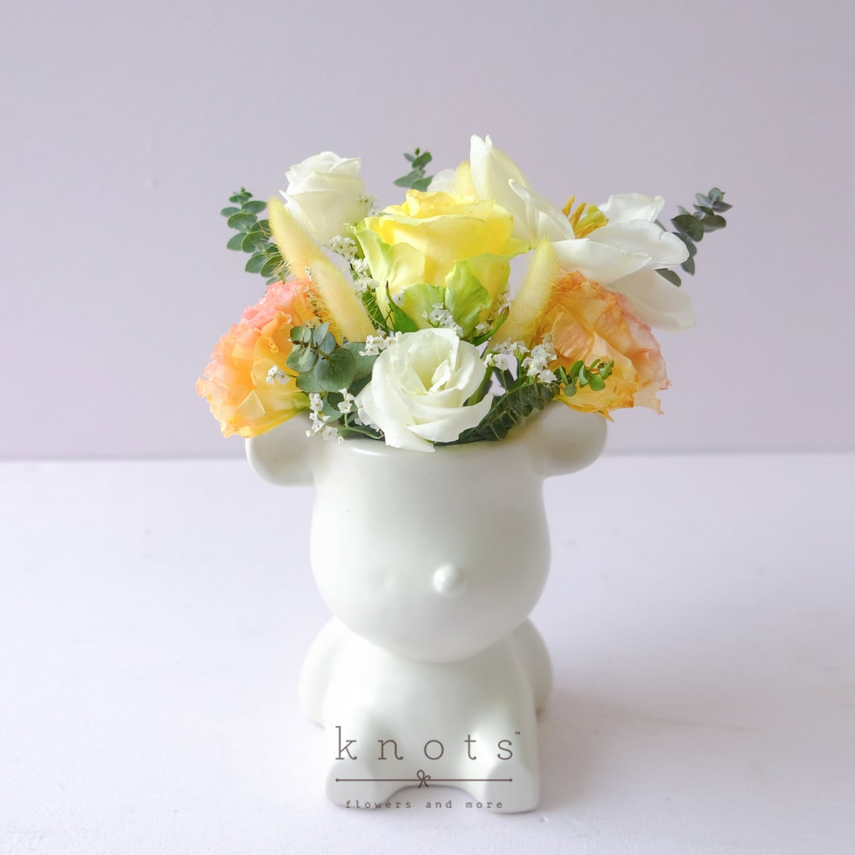 Beary Nice (Yellow Rose and White Tulips Arrangement)