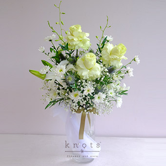 Astraea (Green Ecuadorian Rose and White Lily Arrangement)