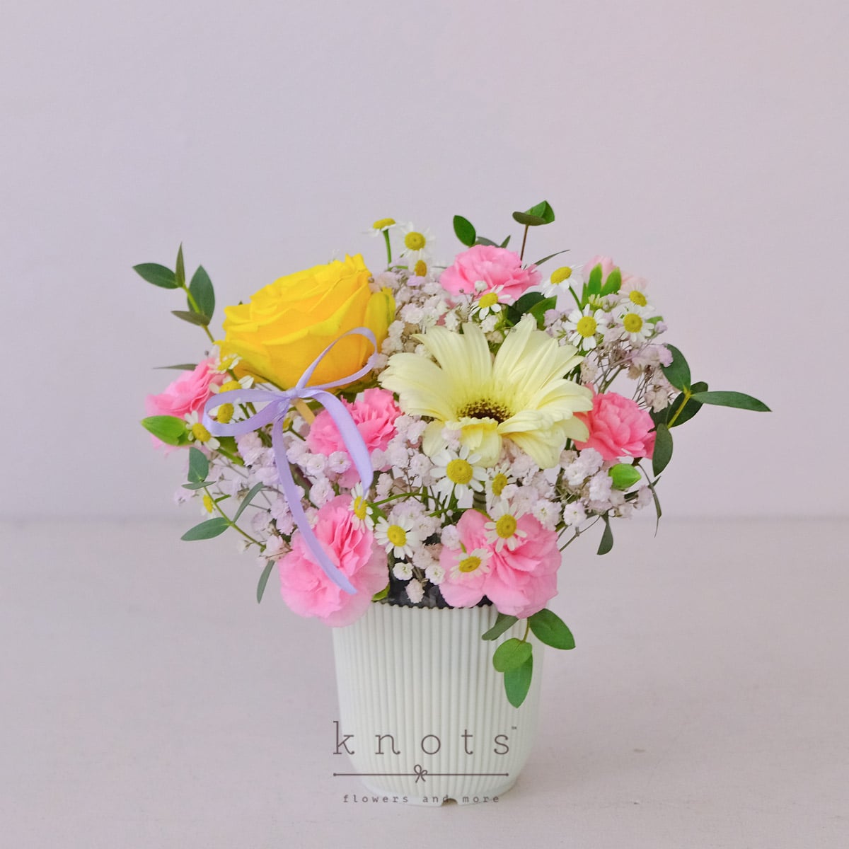 Pretty Little Thing (Yellow China Rose and White Gerbera Arrangement)