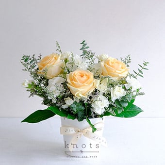 Murmurs of Confidants (Peach Roses & White Carnations Arrangement)