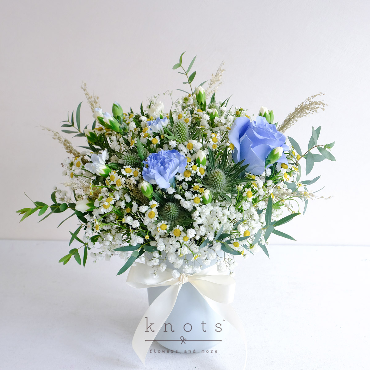 Ocean's Mist (Blue-sprayed White Rose and Carnation Arrangement)
