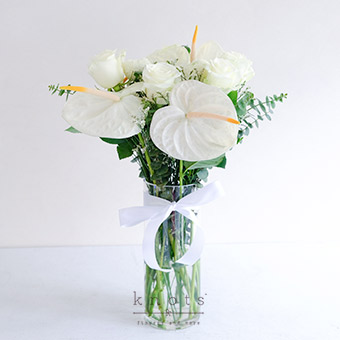 Comforting Farewells (White Roses & Anthuriums Arrangement)
