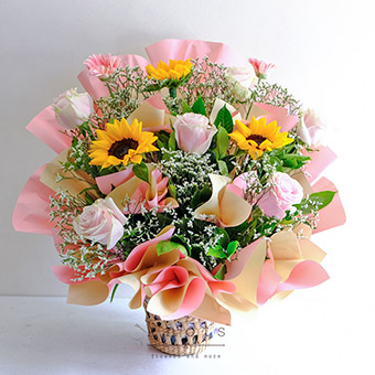 Pauline (Sunflower & Pink Ecuadorian Roses Arrangement)